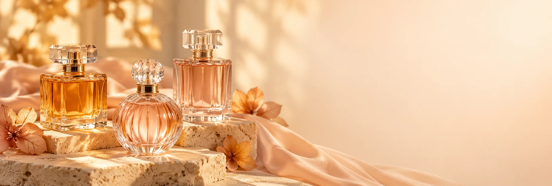 عطرهای شیشهای روی سنگ روشن در نور گرم